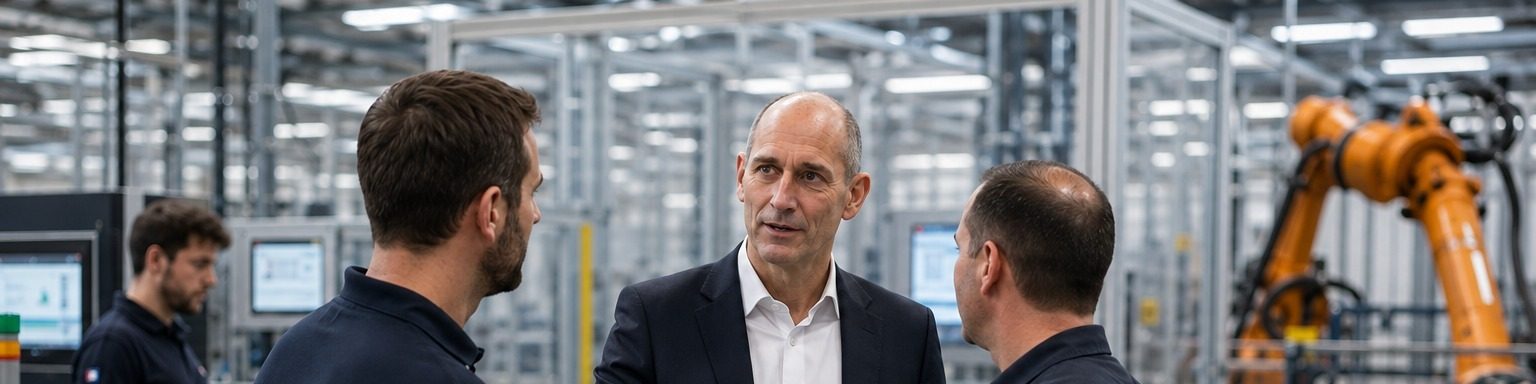 Claus Bischoff at the plant, talking with employees
